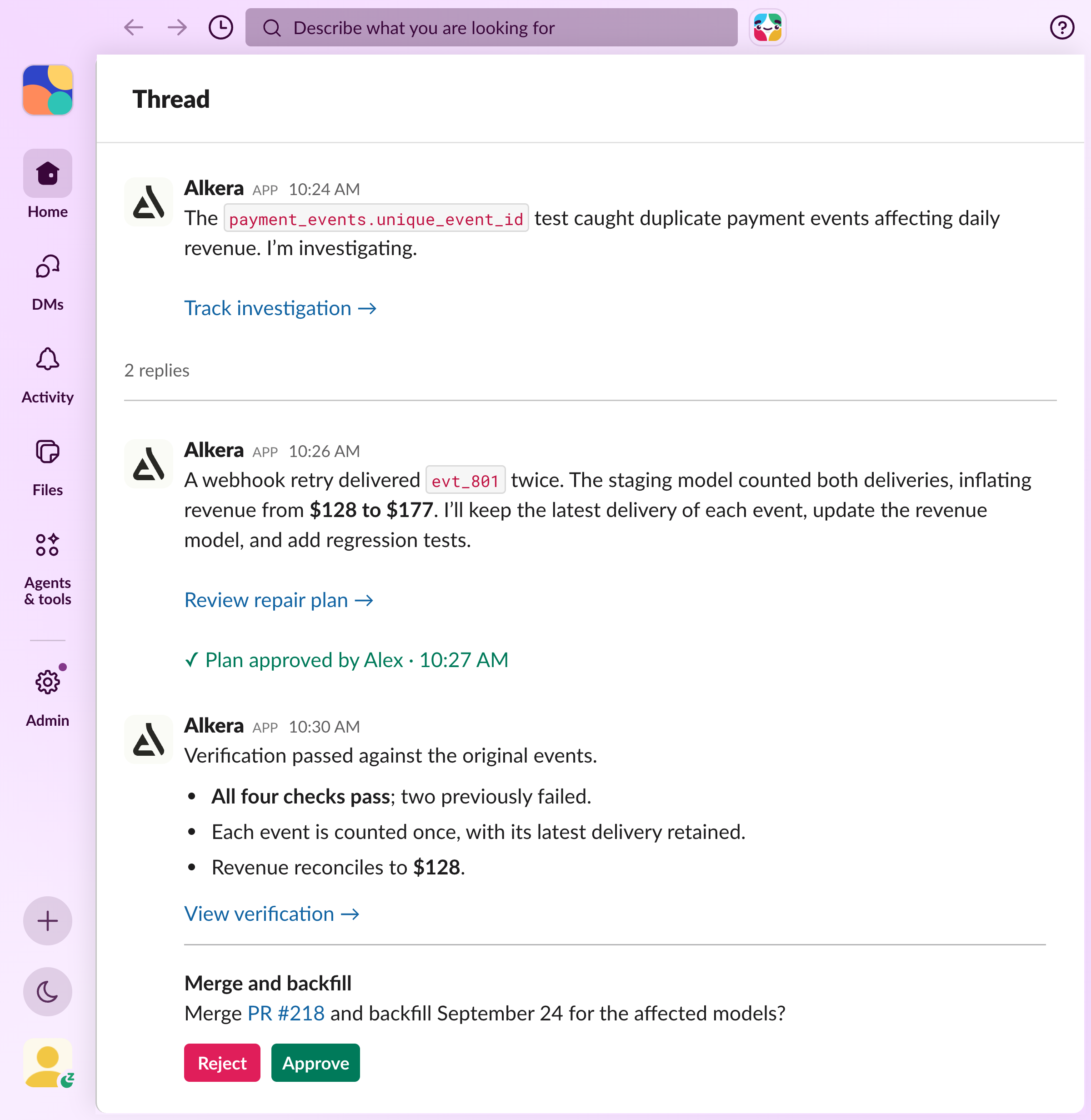 Slack thread where Alkera reports an incident and asks to merge and backfill a verified fix.