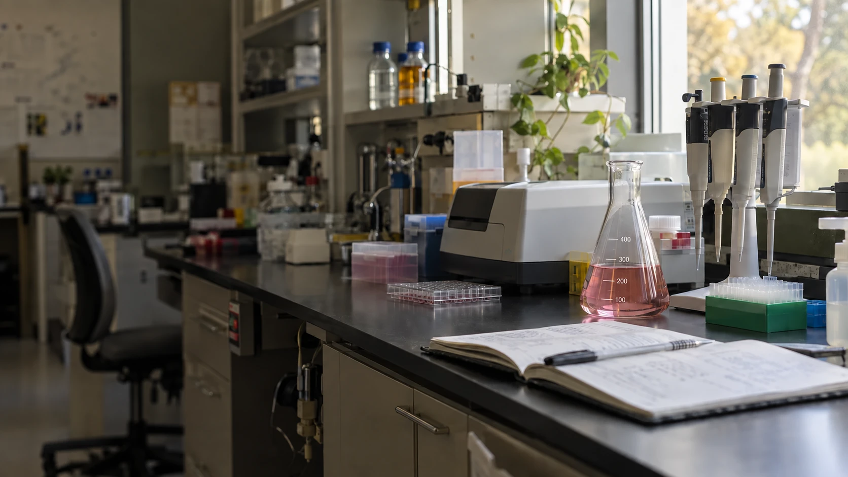 Sunlit research bench with a plate reader, pipettes, sample racks, a flask of pale pink liquid, and an open laboratory notebook